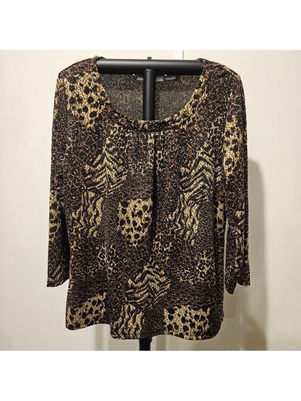 Women's Sag Harbor Top Size L Brown Animal Print 3/4 Sleeve Embellished Neckline